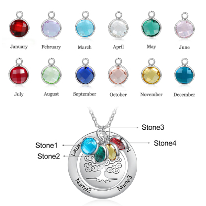 Personalised Family Tree Necklace with 4 Birthstones Engraved Names Gift For Women-Jessemade AU
