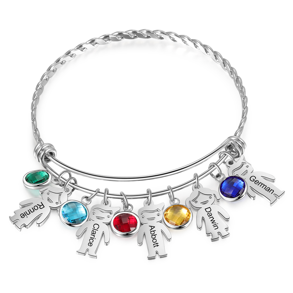 Personalised Kid Charms Bangle Bracelet With Names Customised 5 Birthstones Gift for Her-Jessemade AU