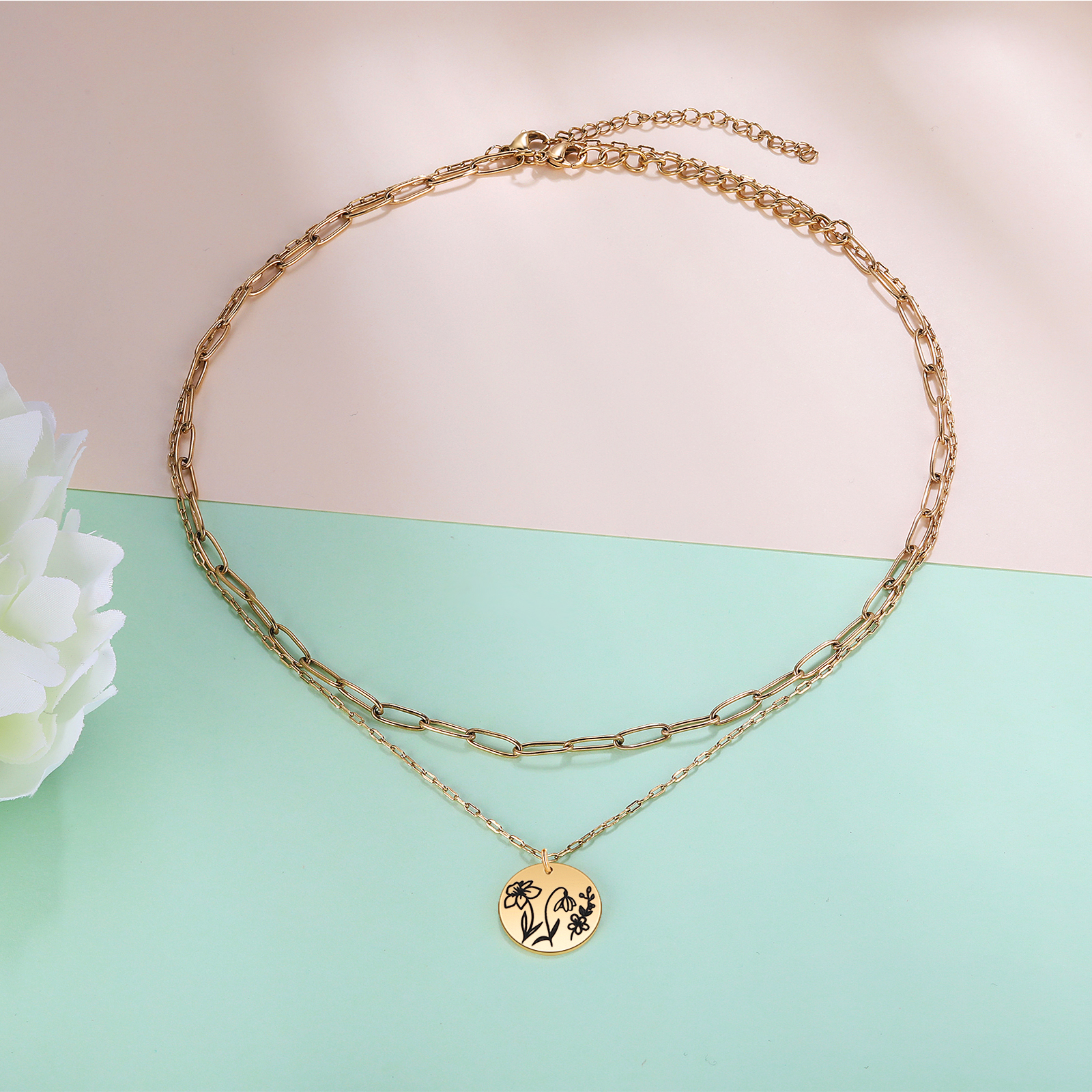 Personalised Double Necklace With 2 Birthflowers Engraved Name Gift For Her-Jessemade AU