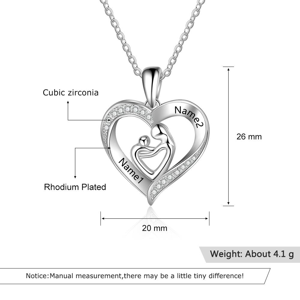 Mother and Child Heart Necklace Engraved with 2 Names Love Necklace Sterling Silver-Jessemade AU