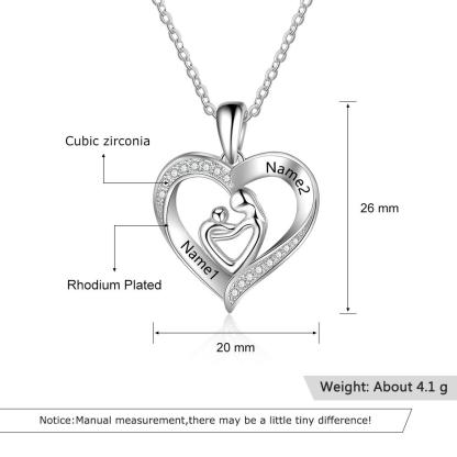 Mother and Child Heart Necklace Engraved with 2 Names Love Necklace Sterling Silver-Jessemade AU