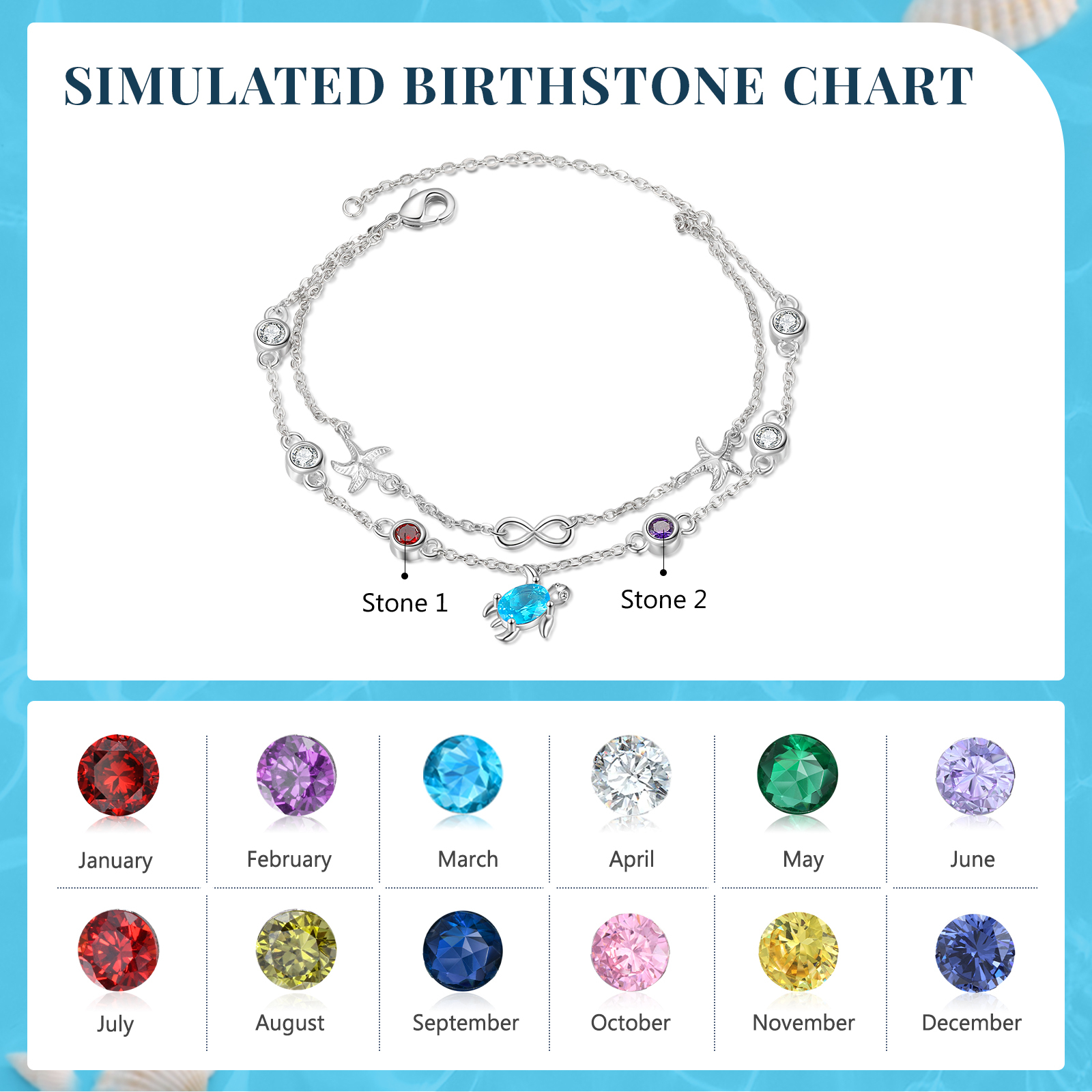 Personalised Women's Bracelet Custom 2 Birthstones Bracelet Sea Turtle Adjustable Bracelet Birthday Gift for Her-Jessemade AU