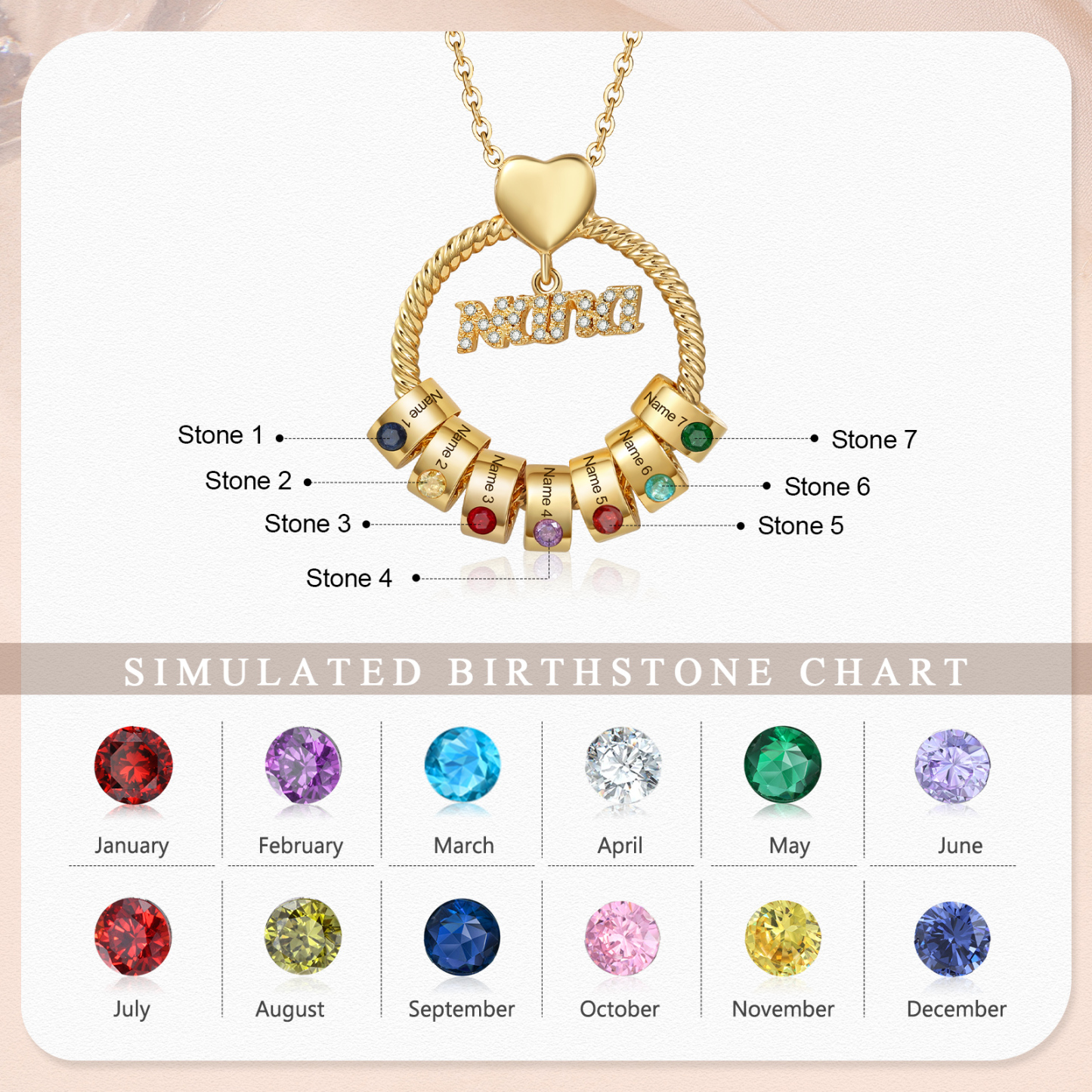 7 Names - Personalised Nana Necklace Custom Names & Birthstones Circle Pendant Necklace Gift for Grandma Nana-Jessemade AU