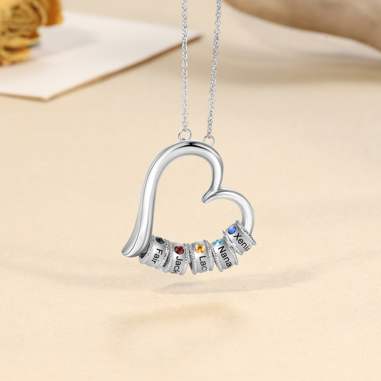 Personalised Heart Necklace With 5 Birthstones Engraved Family Names Necklace Gift For Her-Jessemade AU