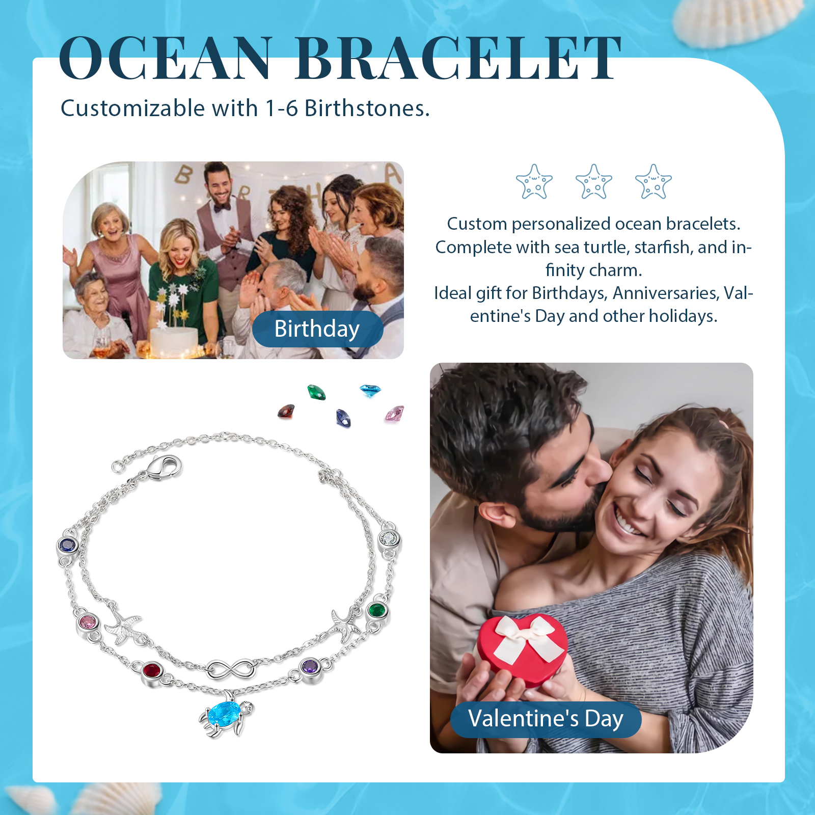 Personalised Women's Bracelet Custom 5 Birthstones Bracelet Sea Turtle Adjustable Bracelet Birthday Gift for Her-Jessemade AU