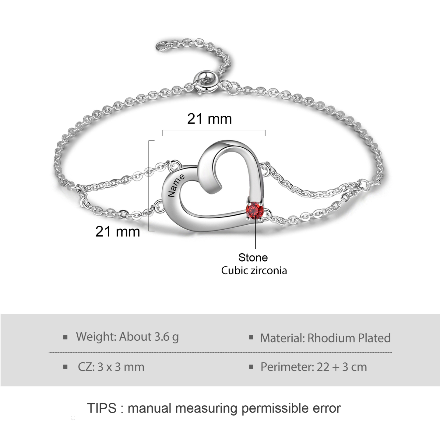 Personalised Heart Bracelet With 1 Birthstone Engraved Names Gift For Women-Jessemade AU