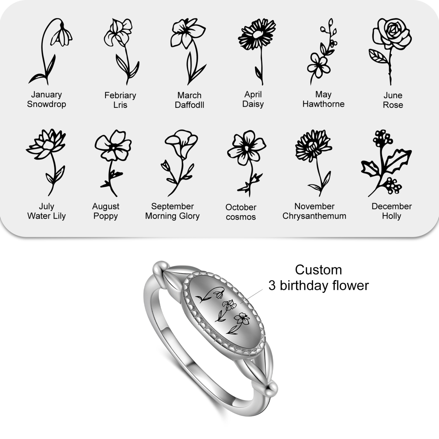 Customised 1-3 Birthflowers Ring Personalised Oval Plaque Ring Gifts for Her-Jessemade AU