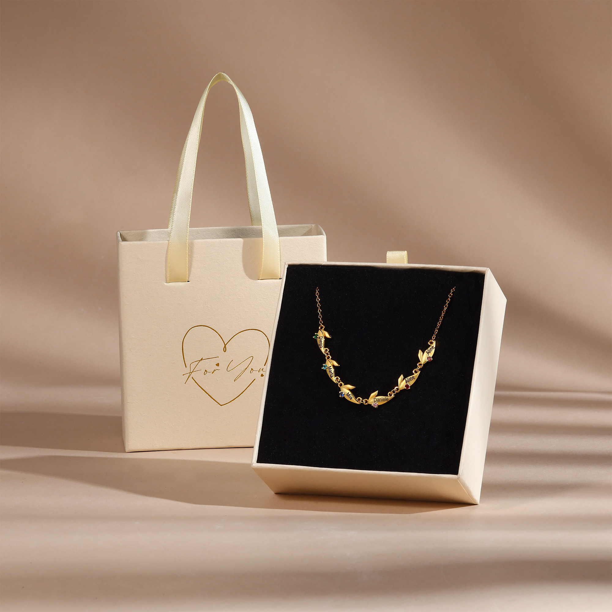 Personalised Leaves Pendant Necklace Custom 2 Names & 2 Birthstones Necklace Gifts for Her-Jessemade AU