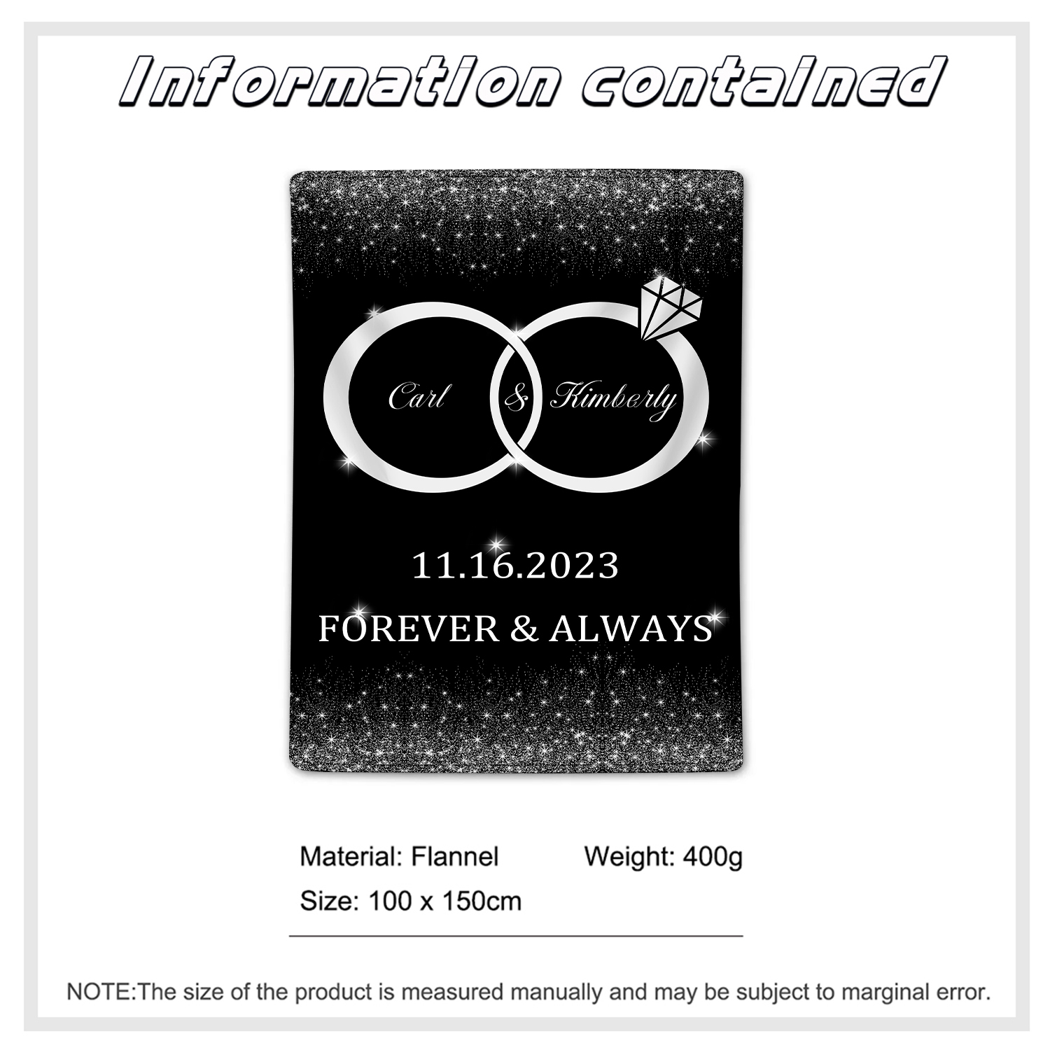 Personalised Couple Blanket Customised 2 Names & Date Blanket Ring Valentine's Day Anniversary Gift for Couples-Jessemade AU