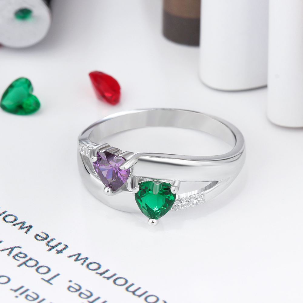 Personalised Ring With 2 Birthstones Engraved Names Ring Gift For Women-Jessemade AU