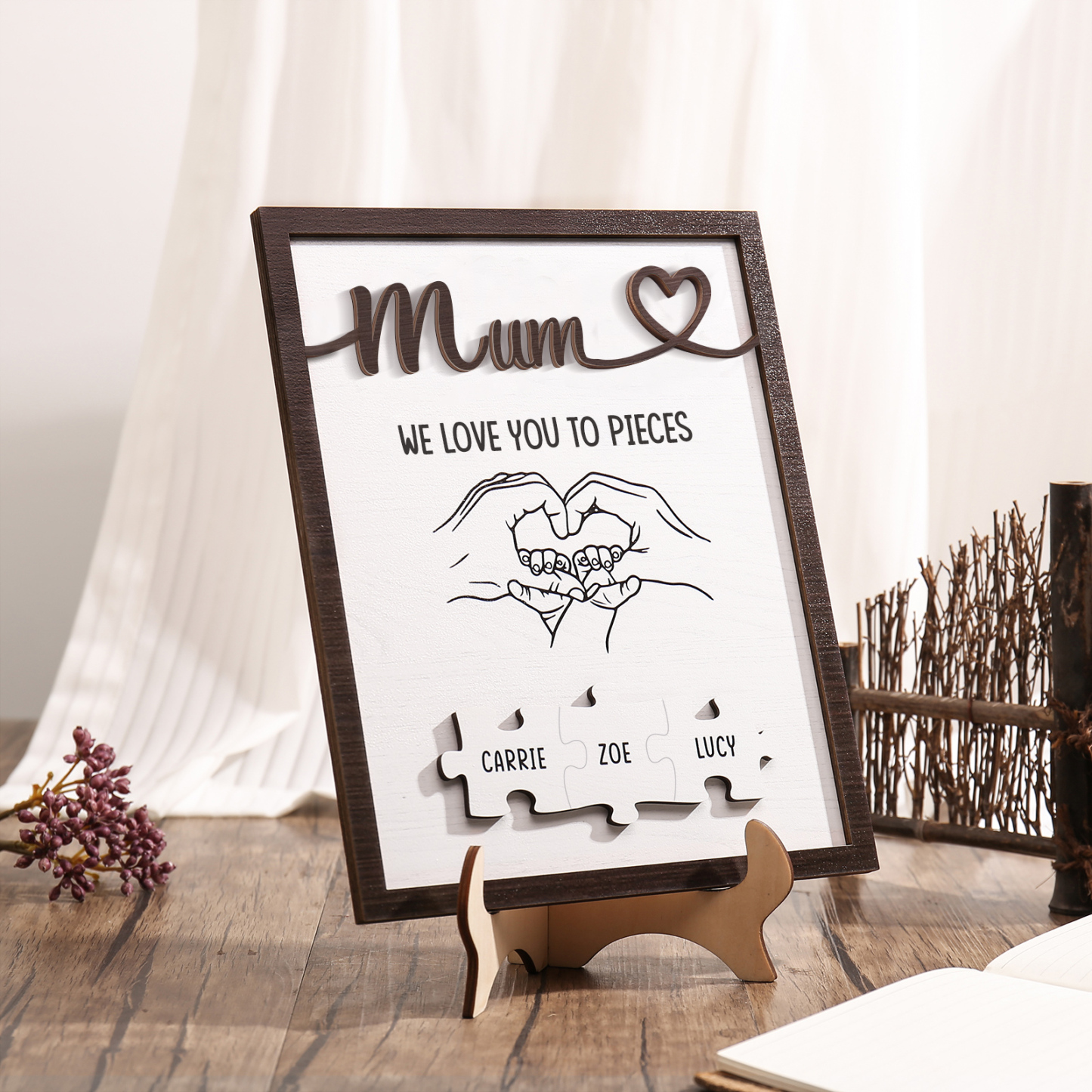 Personalised Puzzle Pieces Wooden Plaque Custom 3 Names & Text & Salutation Holding Hands Family Wooden Sign With Stand Gifts for Mum-Jessemade AU