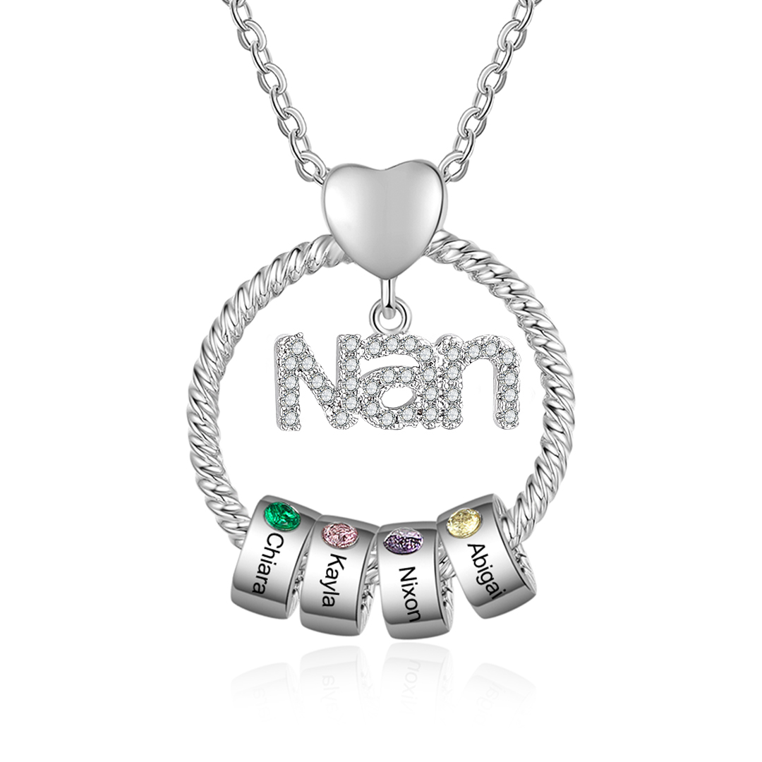 4 Names - Personalised Nan Necklace Custom Names & Birthstones Circle Pendant Necklace Gift for Grandma Nanna