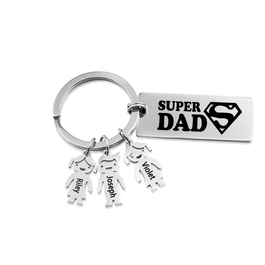 Father's Day Gift Personalised Super Dad Keychain Engraved 3 Kid Charms-Jessemade AU