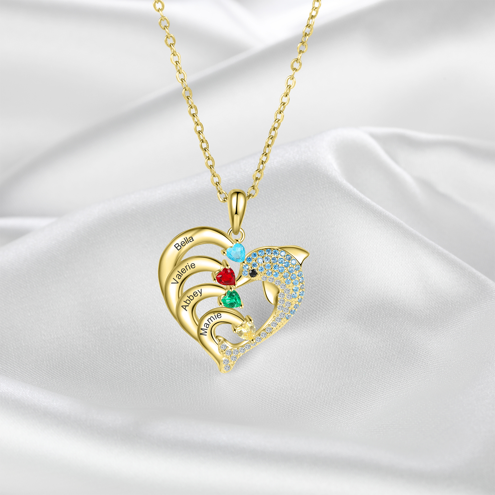 Personalised Heart Dolphin Necklace With 4 Birthstones Engraved Names Gift For Mum-Jessemade AU
