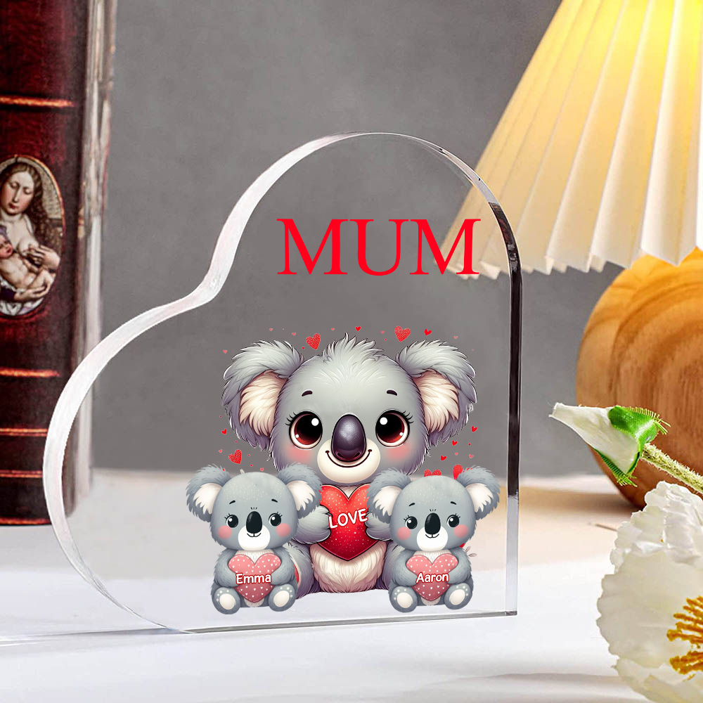 Personalised Acrylic Heart Keepsake Custom 1 Text & 2 Names Ornament Koala Family Gifts for Mother/Grandma-Jessemade AU