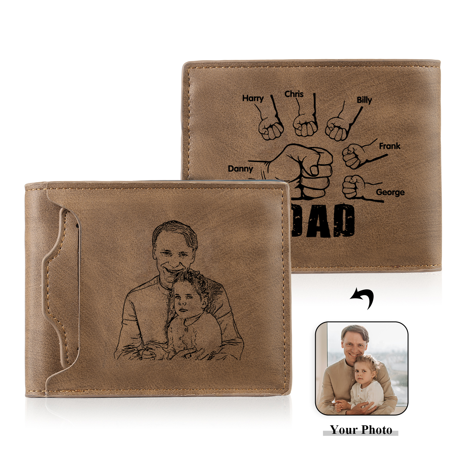 6 Names - Personalised Men Leather Wallet Custom Name & Photo Folding Wallet Fist Bump Wallet Gift for Dad-Jessemade AU