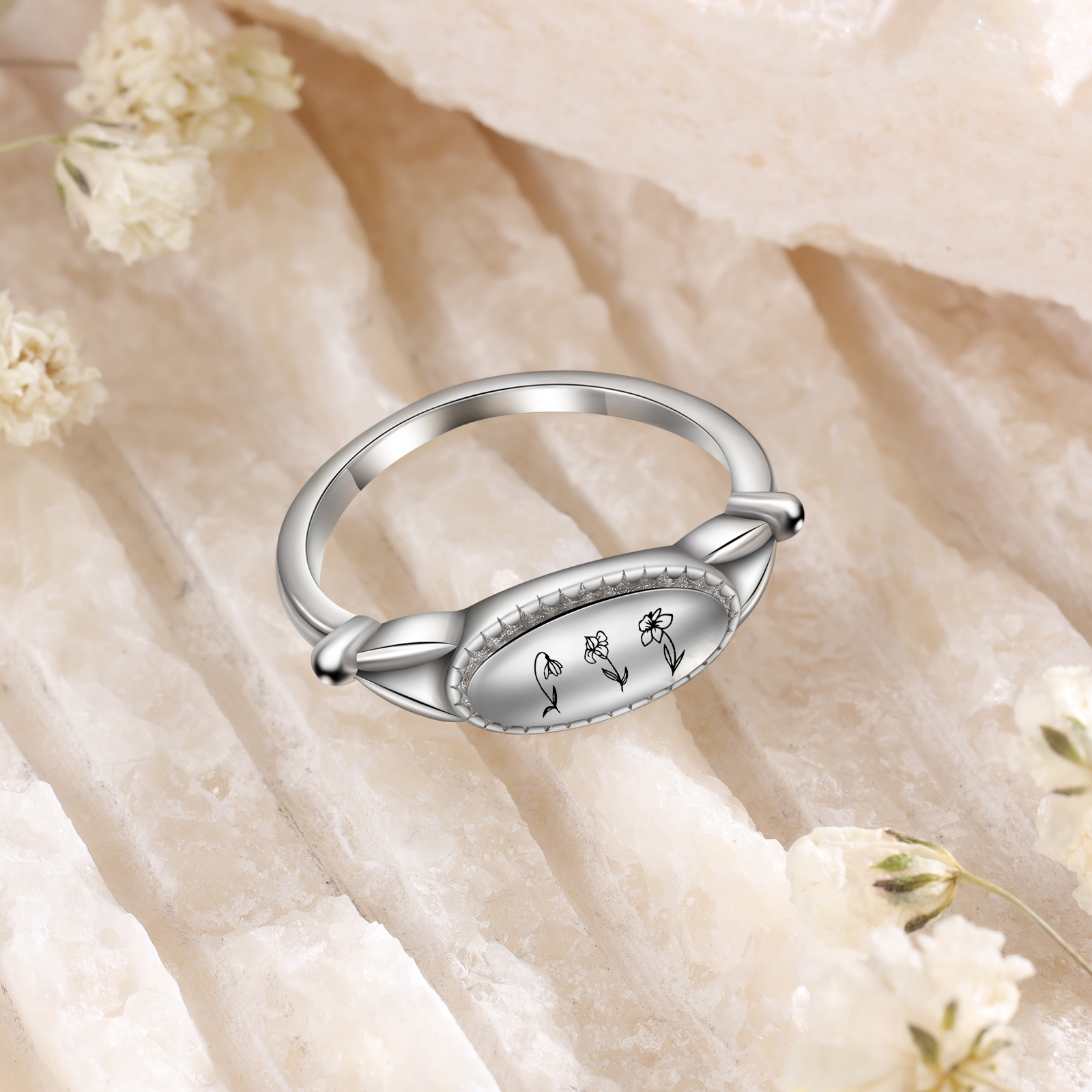 Customised 1-3 Birthflowers Ring Personalised Oval Plaque Ring Gifts for Her-Jessemade AU