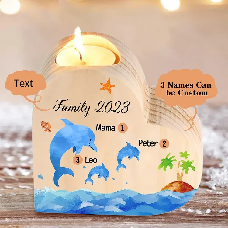 Family Dolphin Heart Candle Holder Personalised Wooden Candlestick Custom 3 Names-Jessemade AU