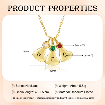 Personalised Heart Pendant Necklace Custom 3 Letters & 3 Birthstones Necklace Gifts for Her-Jessemade AU