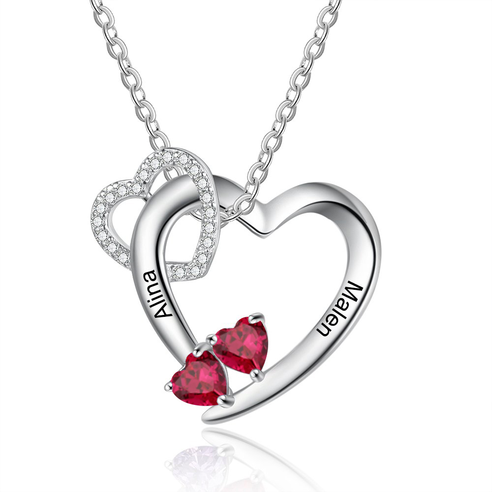 Personalised Heart Necklace With 2 Birthstones Engraved Names Gift For Women-Jessemade AU