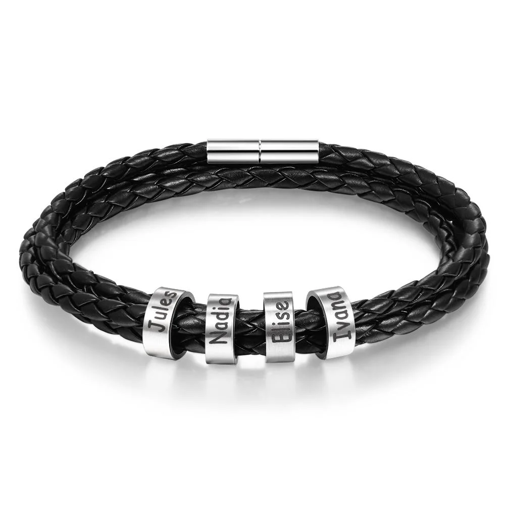 Father's Day Gift Men Braided Leather Bracelets with 4 Beads Bracelet Gifts for Him-Jessemade AU