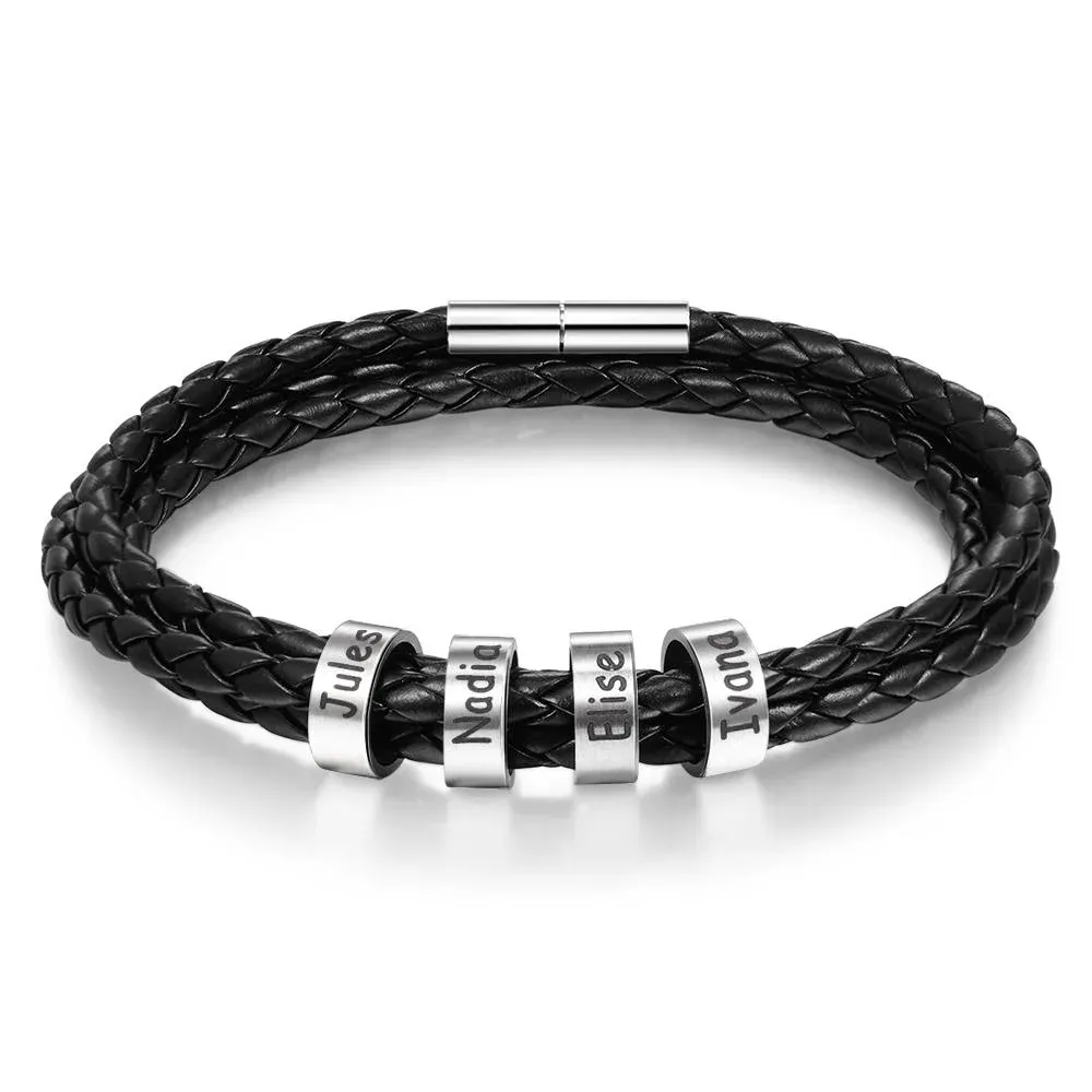 Father's Day Gift Men Braided Leather Bracelets with 4 Beads Bracelet Gifts for Him-Jessemade AU