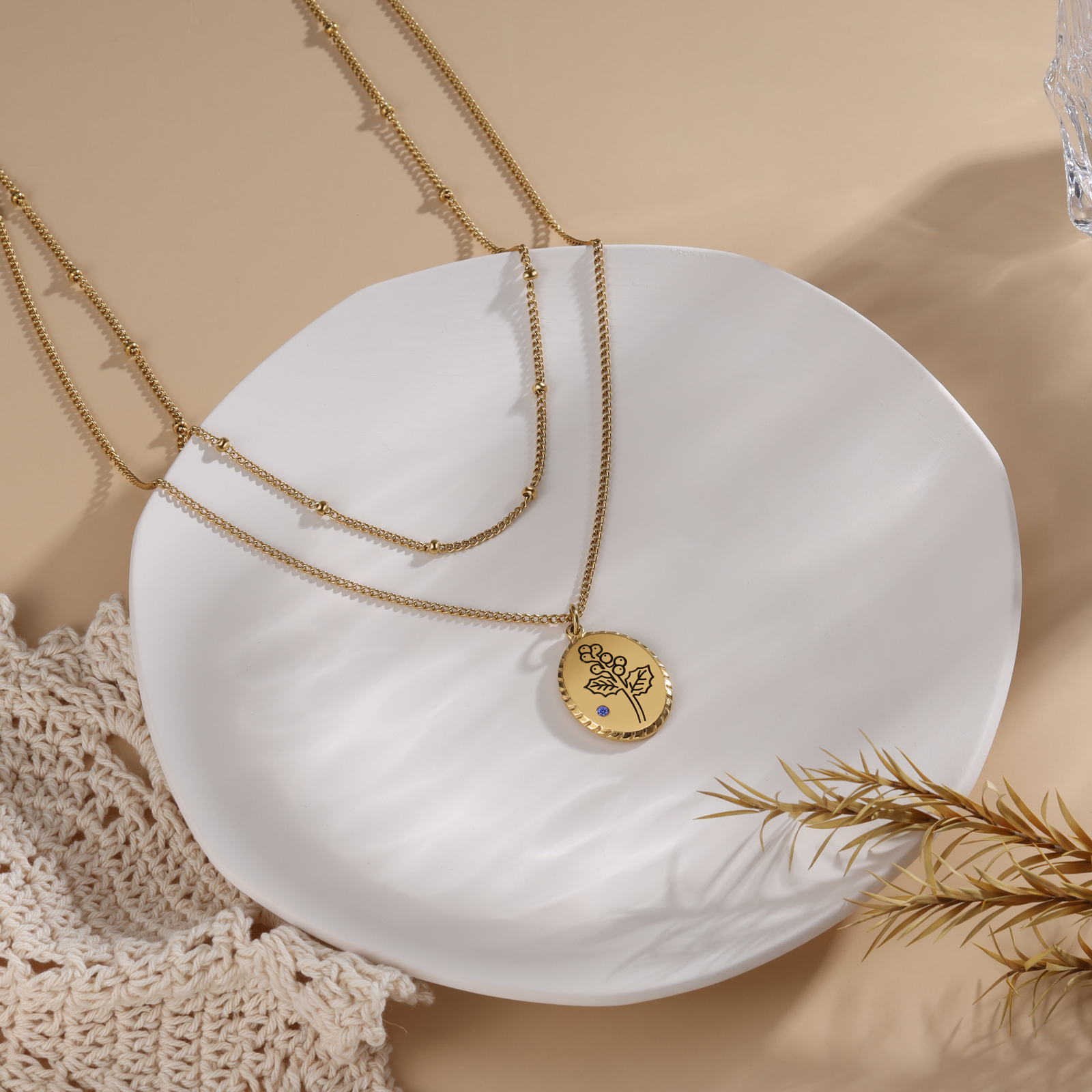 Personalised Double Layered Necklace With Birthstone Custom Birthflower Gift For Women-Jessemade AU