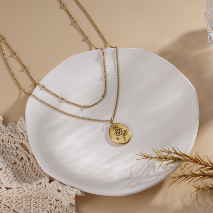 Personalised Double Layered Necklace With Birthstone Custom Birthflower Gift For Women-Jessemade AU