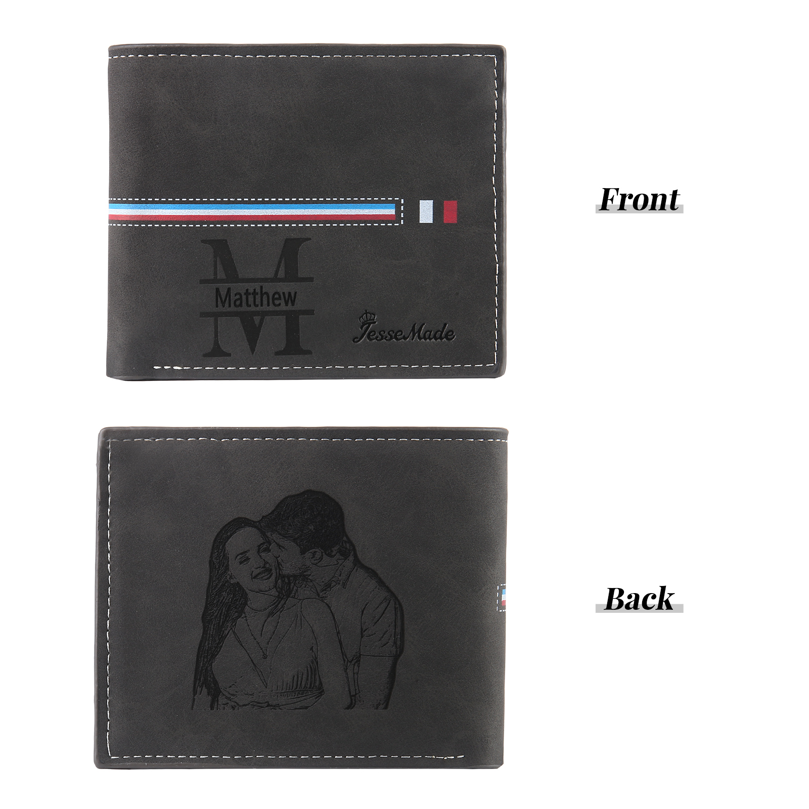 Personalised Photo & Name & Letter Billfold Wallet Monogram Leather Black Wallet Gift for Men-Jessemade AU