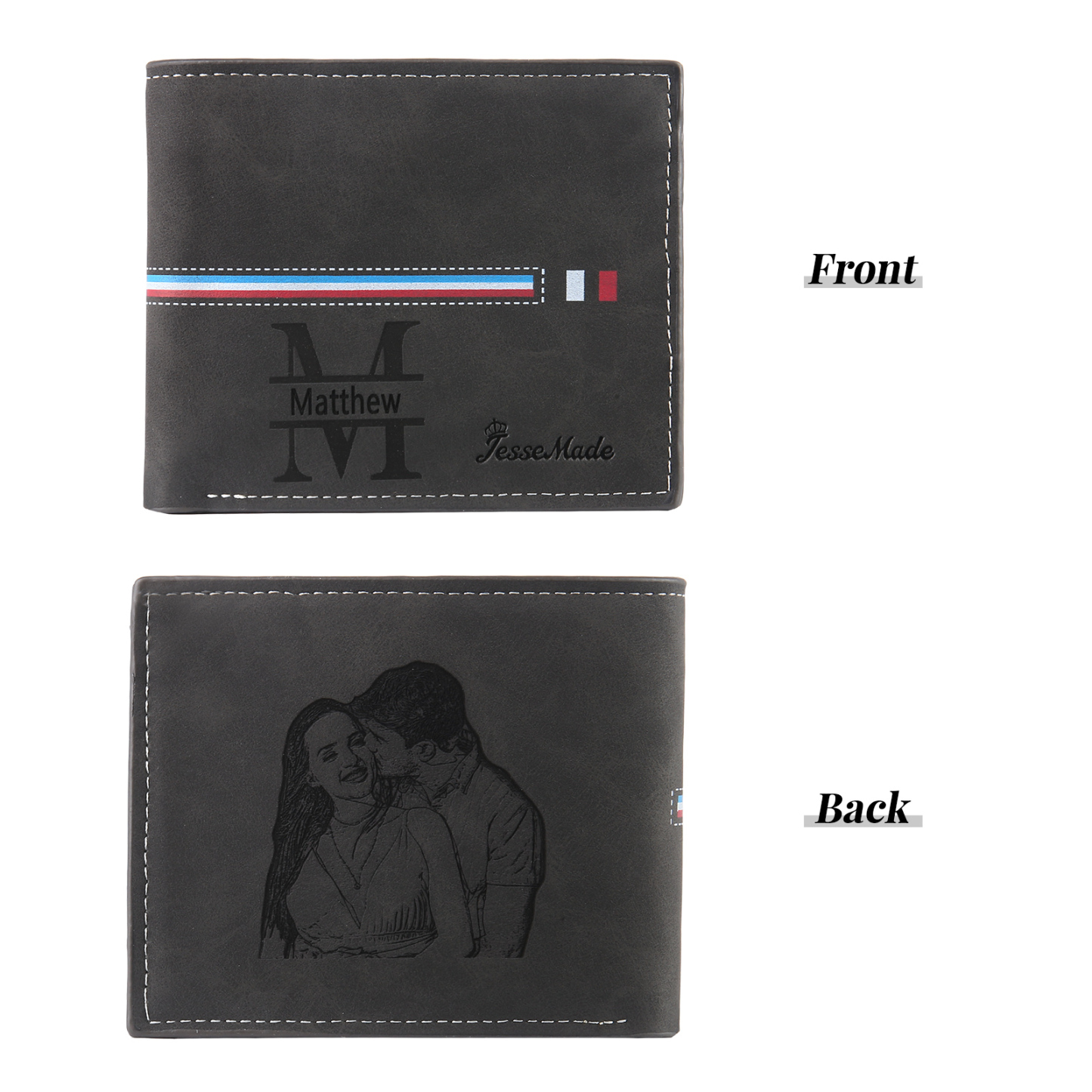 Personalised Photo & Name & Letter Billfold Wallet Monogram Leather Black Wallet Gift for Men-Jessemade AU