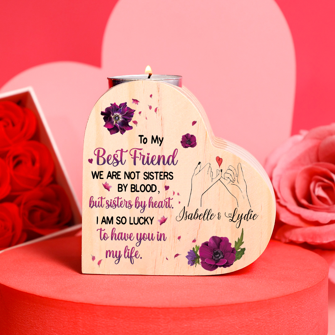 To My Best Friend Violet Flower Heart Candle Holder "I AM SO LUCKY TO HAVE YOU IN MY LIFE" Wooden Candlestick-Jessemade AU