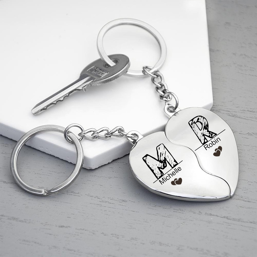 Personalised Heart Keychain Set Custom 2 Names & 2 Letters Couple Matching Keyring Valentine's Day Gifts For Couples-Jessemade AU
