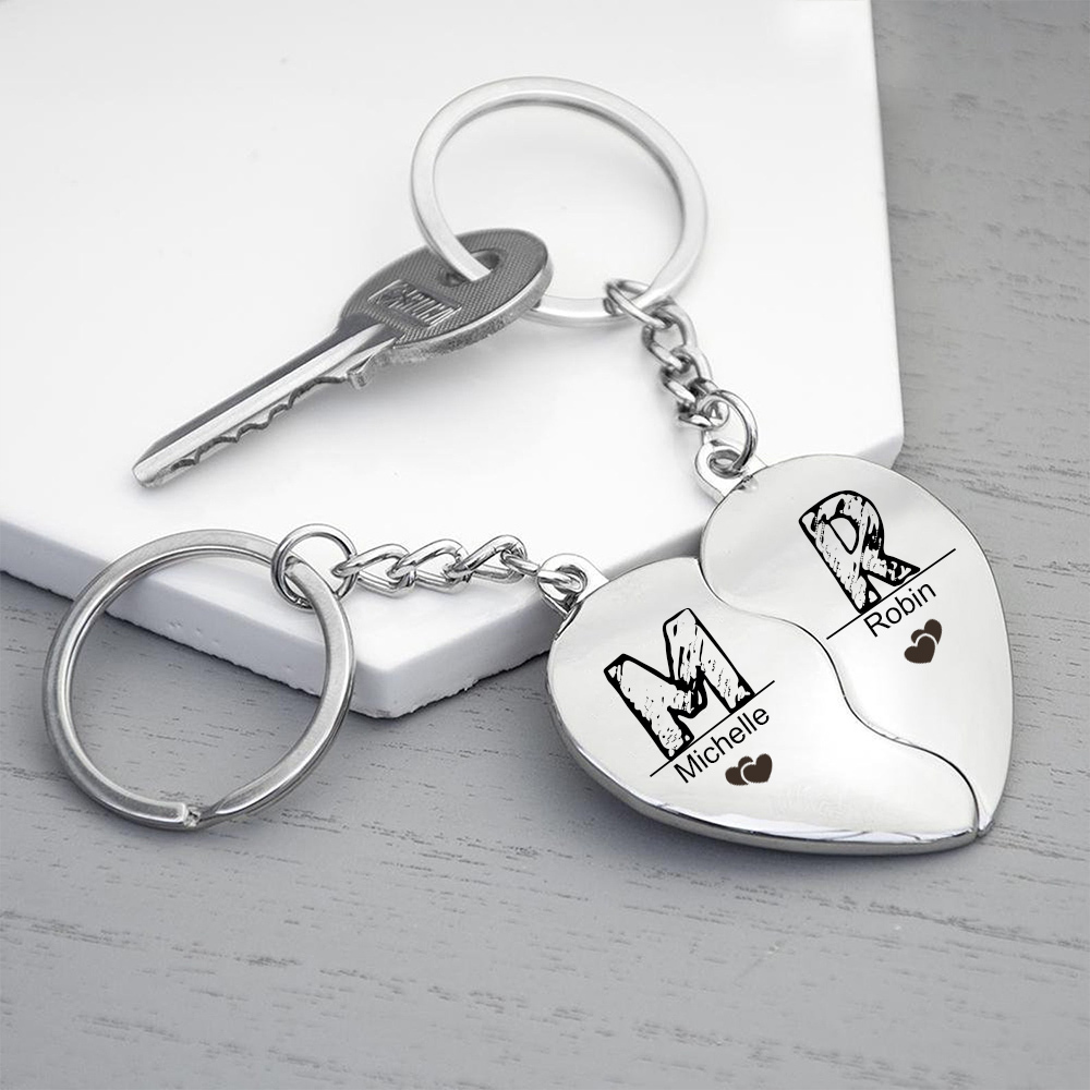 Personalised Heart Keychain Set Custom 2 Names & 2 Letters Couple Matching Keyring Valentine's Day Gifts For Couples-Jessemade AU