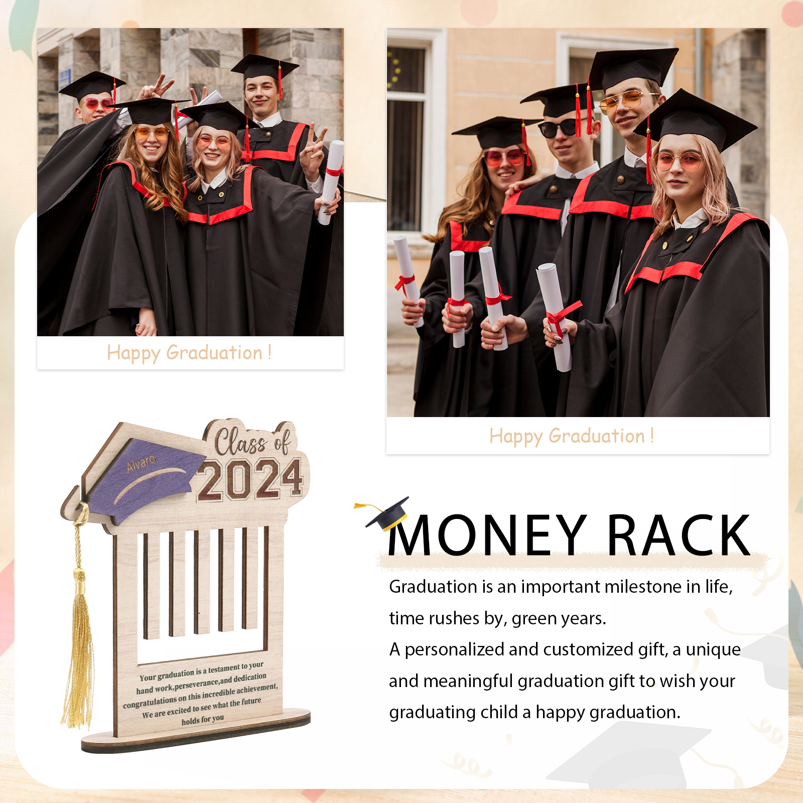 Class of 2024 Personalised Graduation Wooden Money Rack Custom Name Creative Graduation Gifts for Her/Him-Jessemade AU