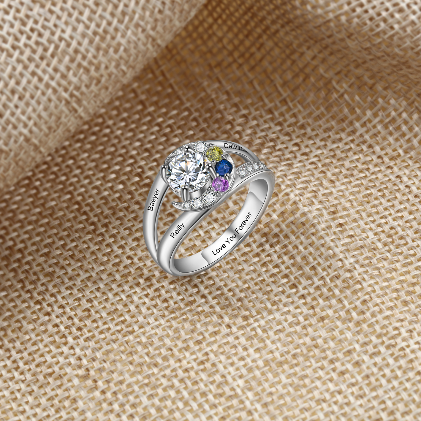 Personalised Moon Star Ring With 3 Birthstones Custom Names Best Gift For Women-Jessemade AU