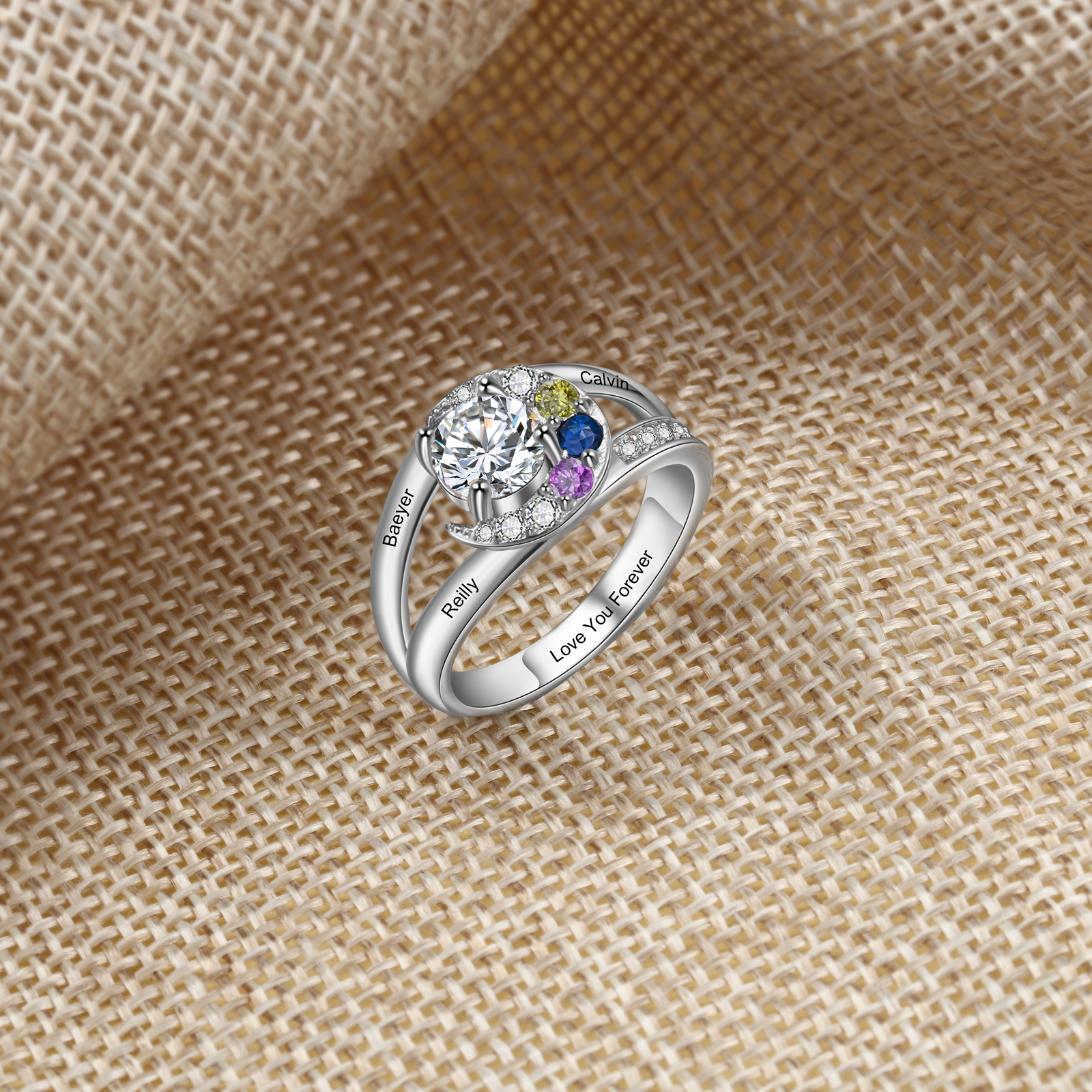 Personalised Moon Star Ring With 3 Birthstones Custom Names Best Gift For Women-Jessemade AU