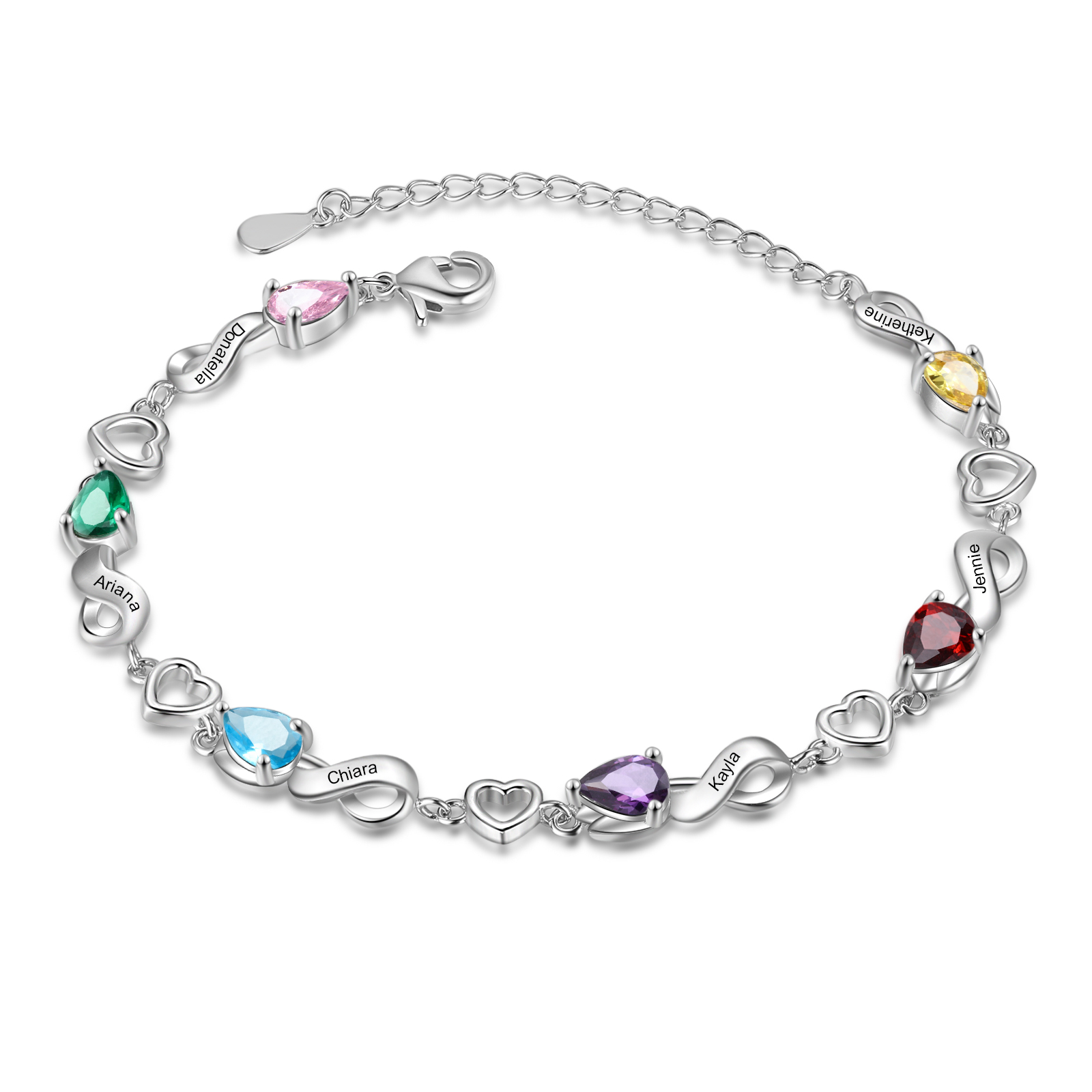 Personalised 6 Birthstones Heart Bracelet Engraved Names Bracelet Gifts For Women-Jessemade AU