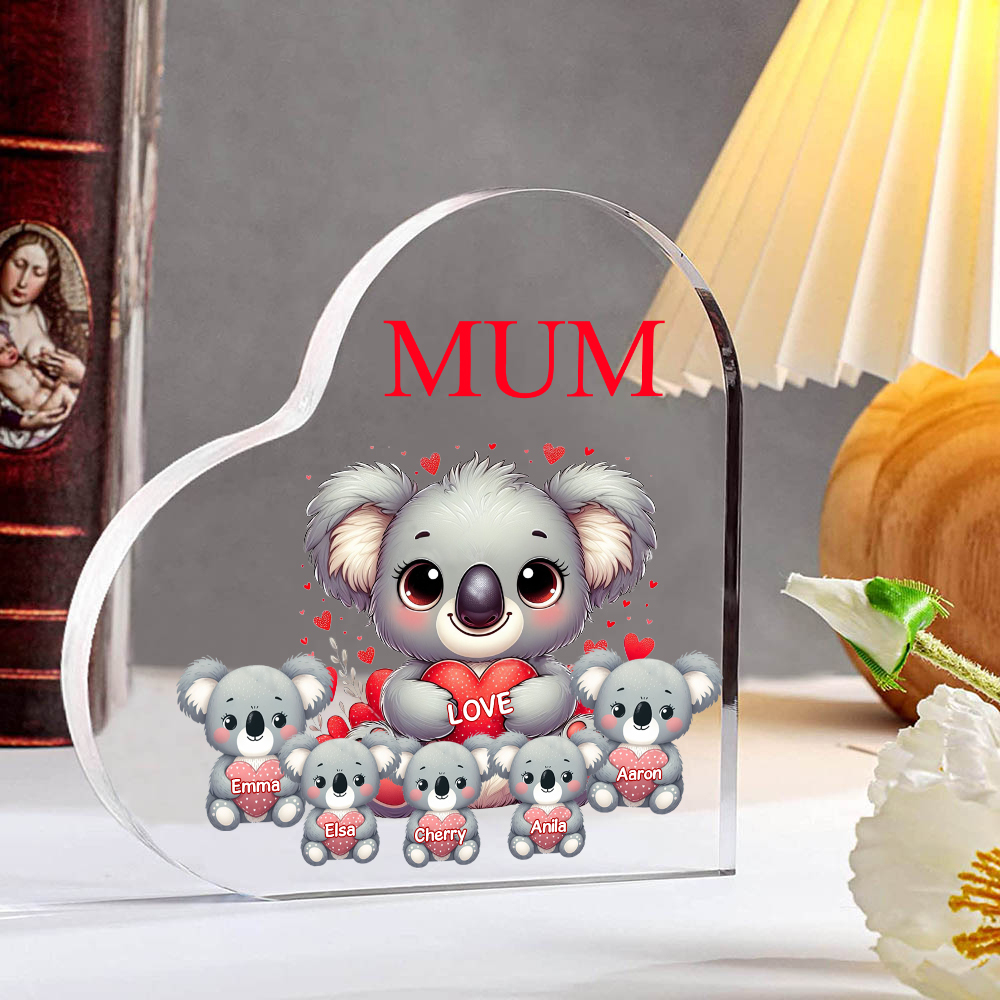 Personalised Acrylic Heart Keepsake Custom 1 Text & 5 Names Ornament Koala Family Gifts for Mother/Grandma-Jessemade AU