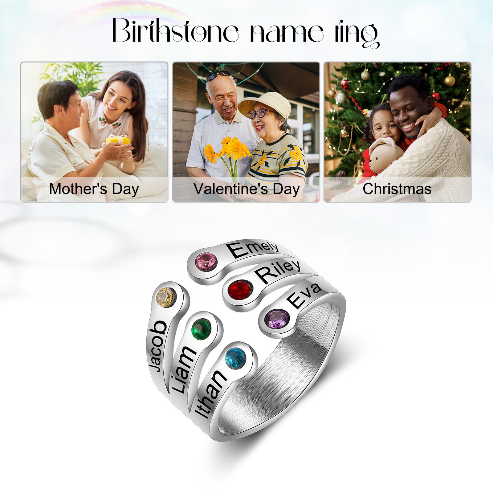 Personalised Family Name Ring With 6 Birthstones Ring Gifts for Her-Jessemade AU