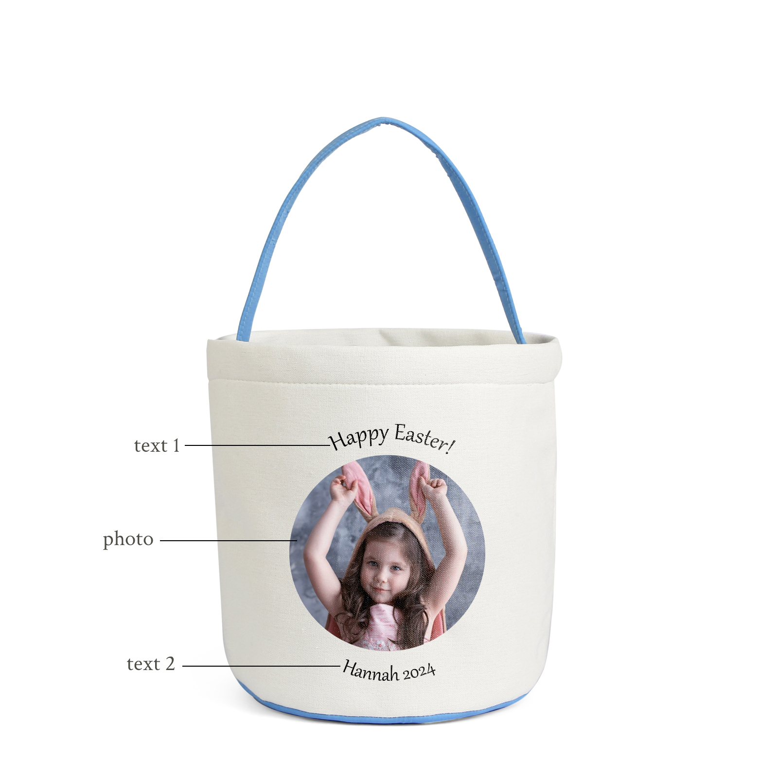 Easter Bunny Tote Bag Personalised Photo & 2 Texts Bucket Bag White Basket Gifts For Kids-Jessemade AU