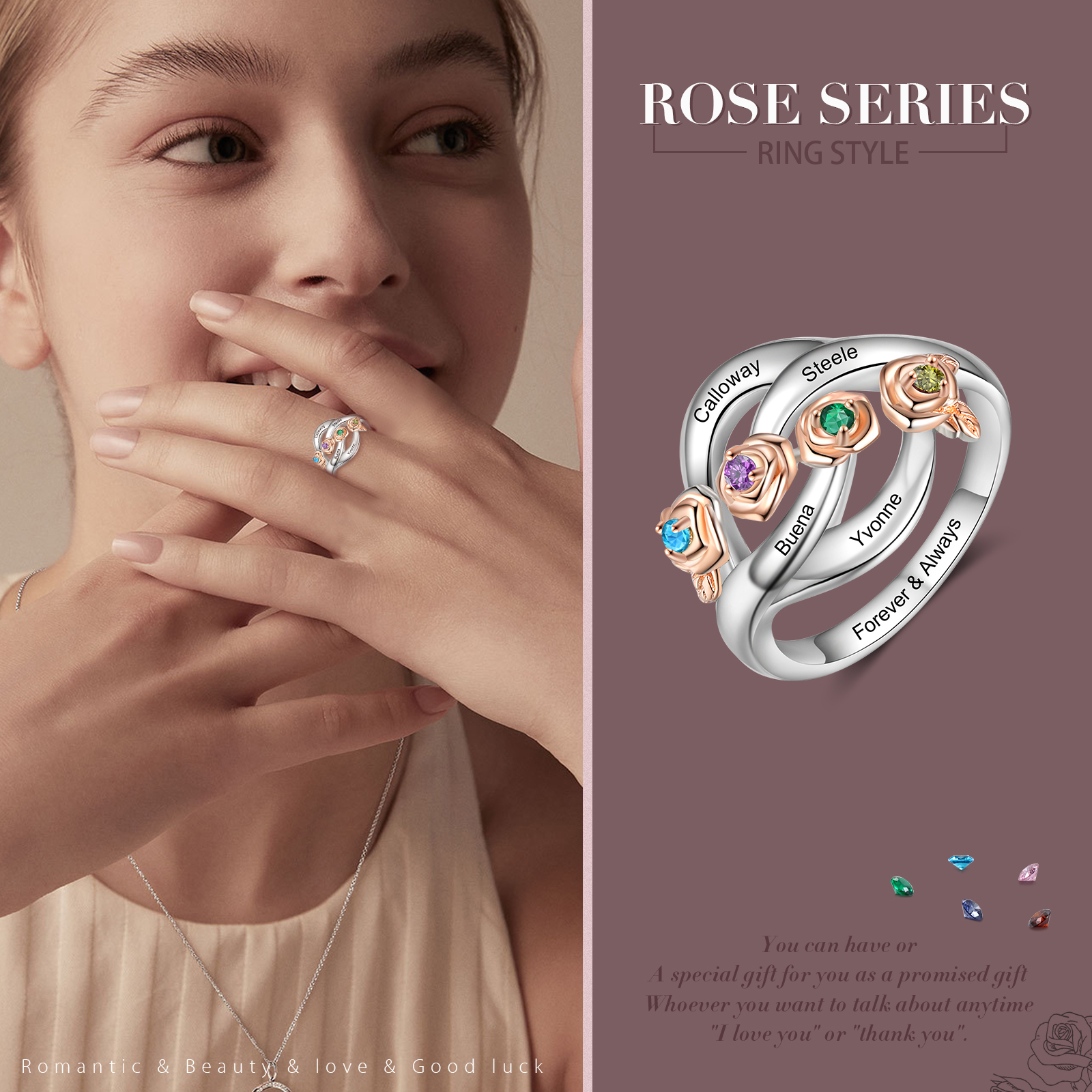 Personalised Rose Ring With 4 Birthstones Engraved Names Ring Gift For Women-Jessemade AU