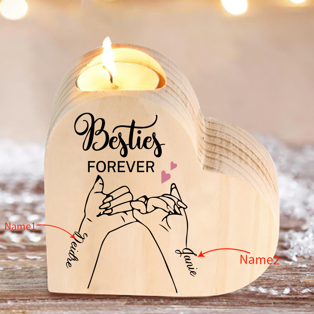 Besties Forever Wooden Candle Holder Customised 2 Names Pinky Swear Candlesticks -Jessemade AU