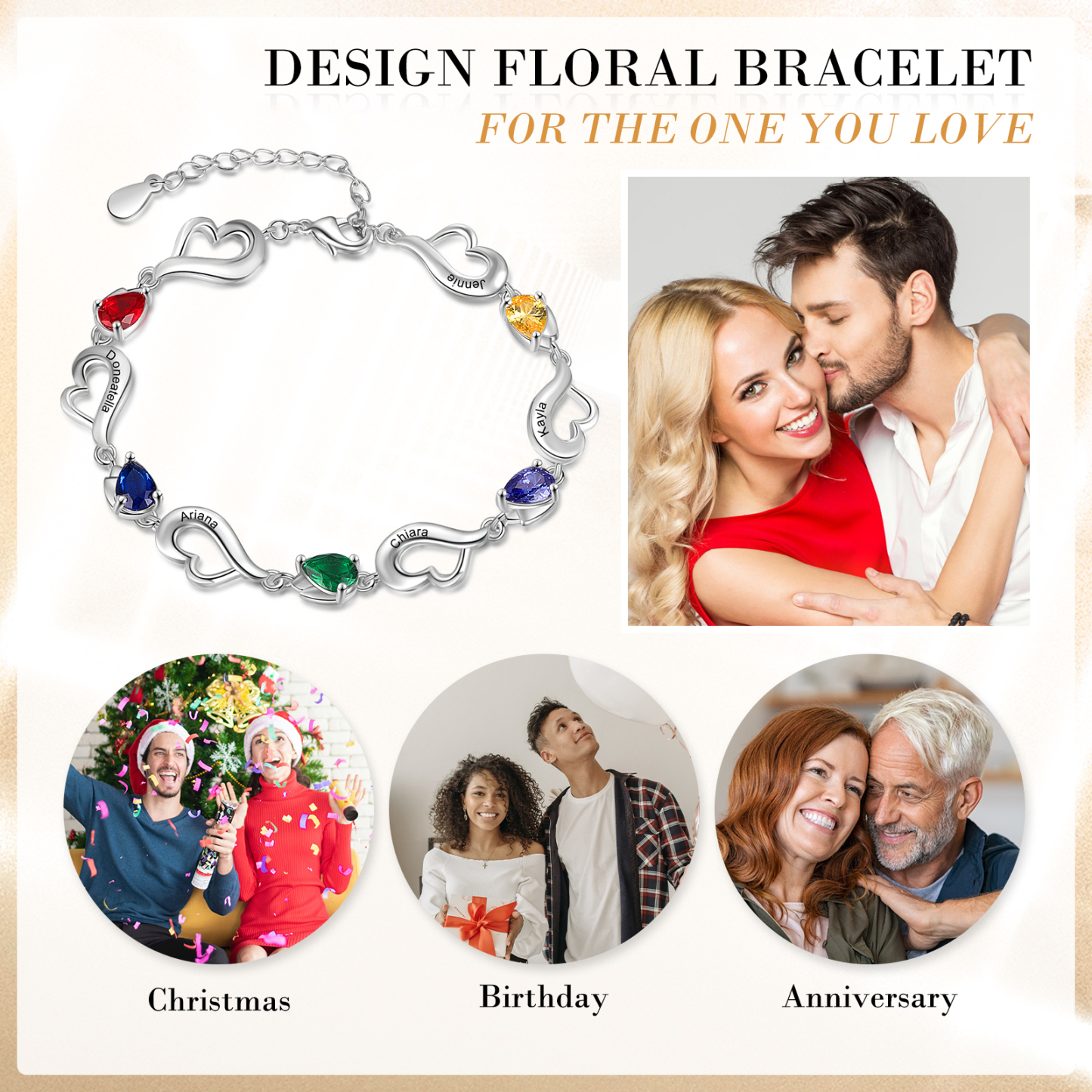 Personalised Heart Bracelet With 5 Birthstones Engraved Name Bracelet Gifts For Her-Jessemade AU