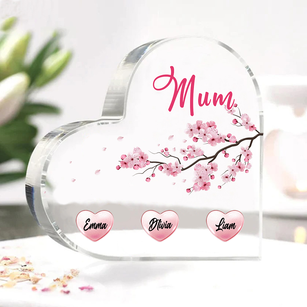 3 Names - Personalised Acrylic Heart Keepsake Custom Text Peach Blossom Ornaments Gifts for Grandma/Mother-Jessemade AU