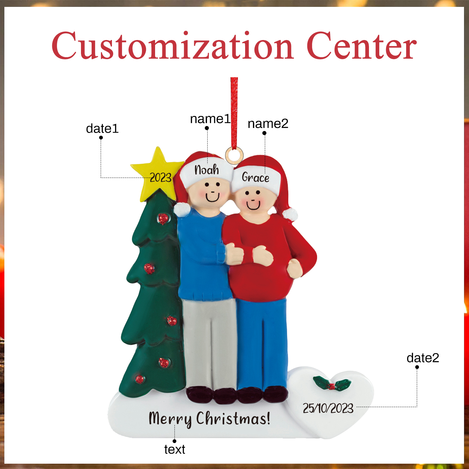 2 Names - Personalised Wooden Christmas Ornaments Customised Text & Date Xmas Decor Gifts for Family Friends-Jessemade AU