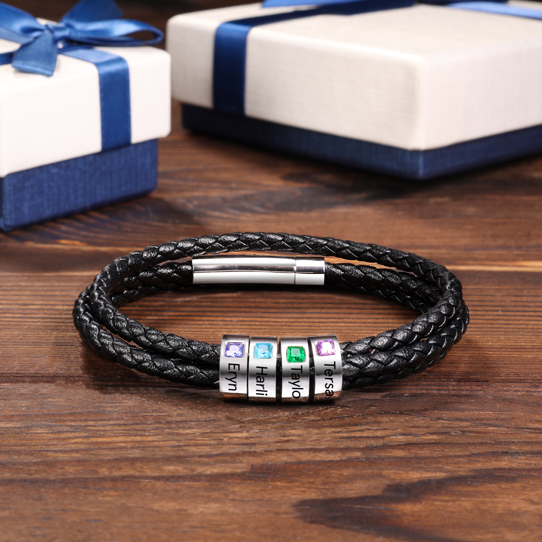 Personalised 3 Layer Leather Bracelet with 4 Beads Engraved Names Men's Bracelets for Him-Jessemade AU
