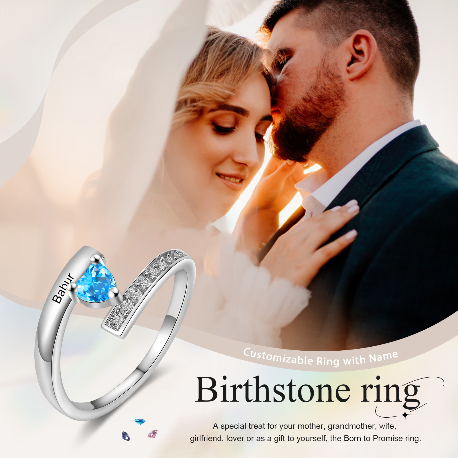 Personalised Heart Birthstone Ring Customised Name Ring Gift for Women Girls-Jessemade AU