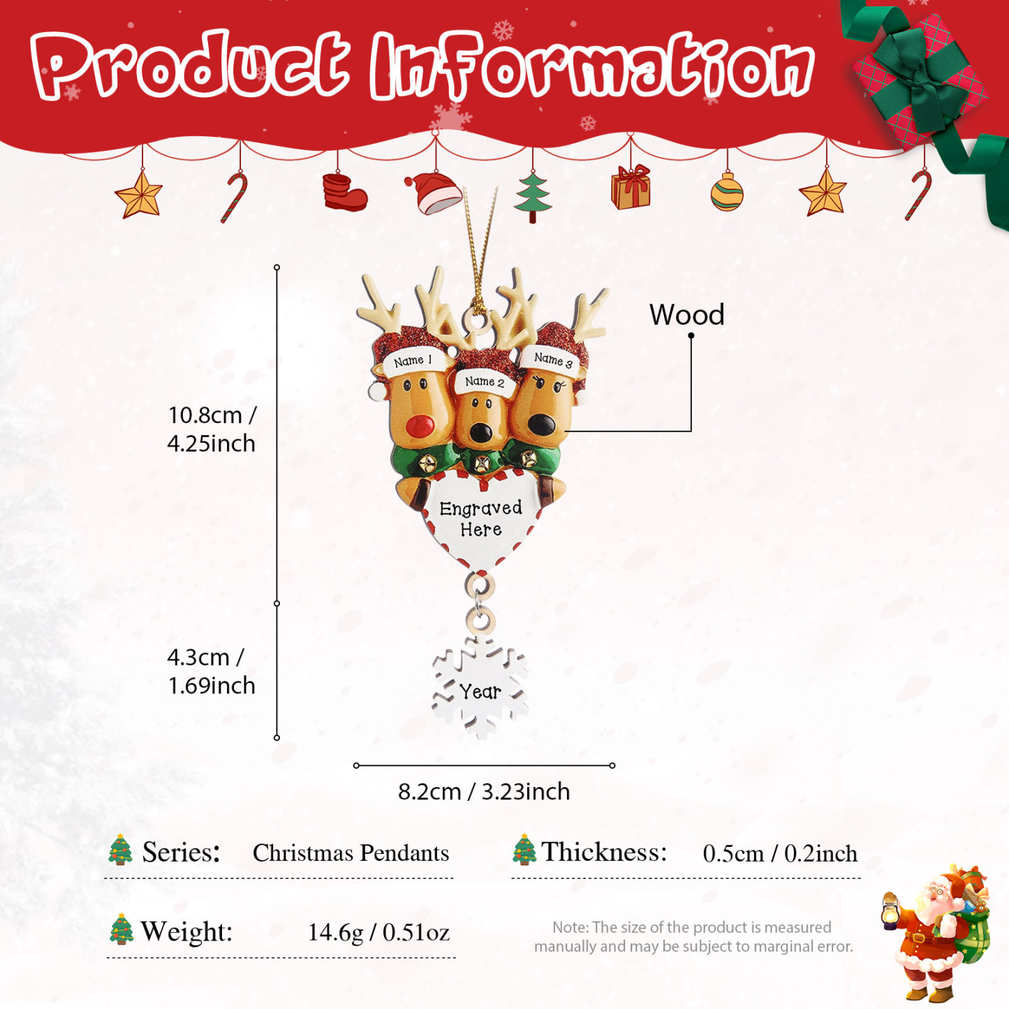 3 Names - Personalised Reindeer Christmas Ornament Customised Name & Text & Year Wooden Hanging Ornaments Christmas Gift for Family-Jessemade AU