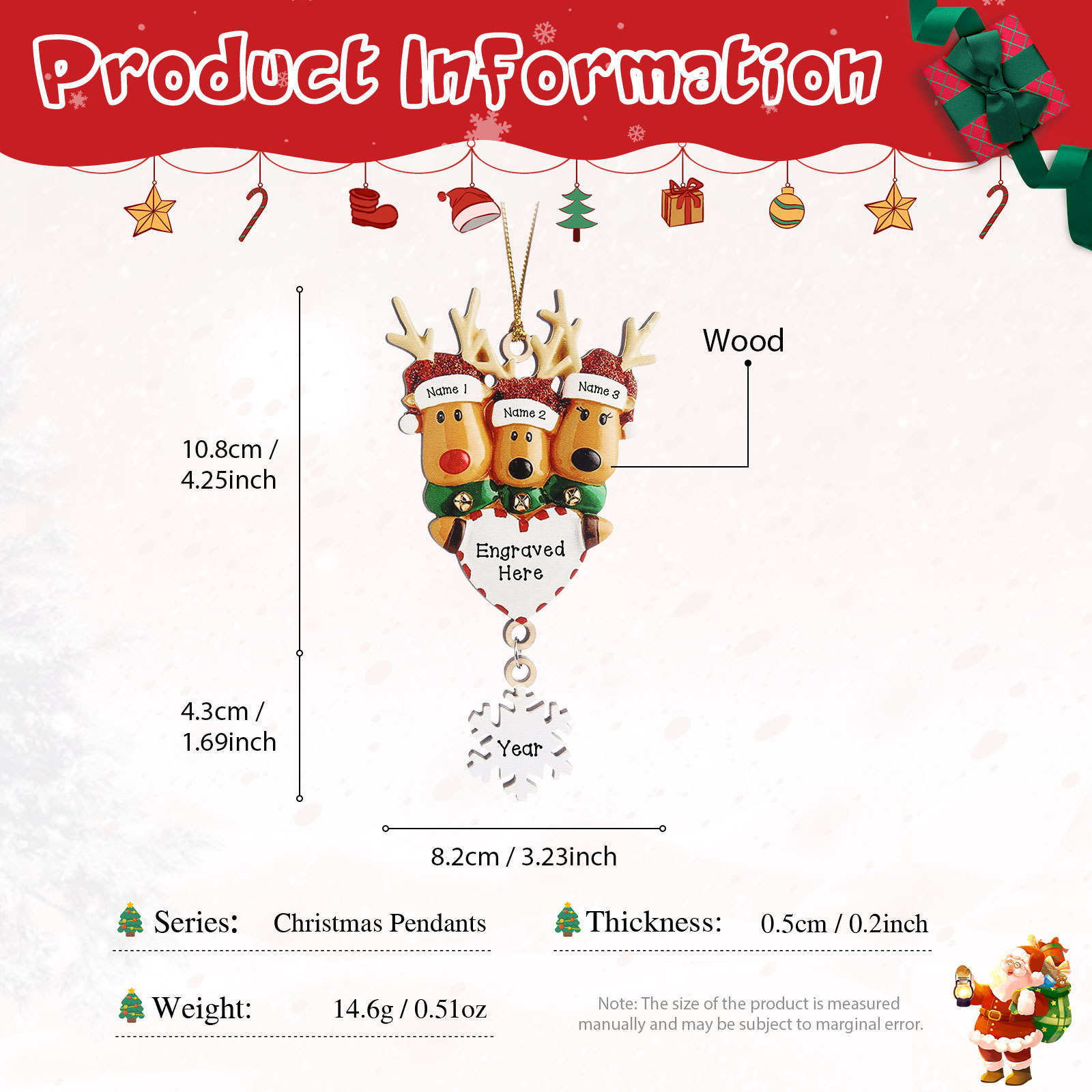 3 Names - Personalised Reindeer Christmas Ornament Customised Name & Text & Year Wooden Hanging Ornaments Christmas Gift for Family-Jessemade AU