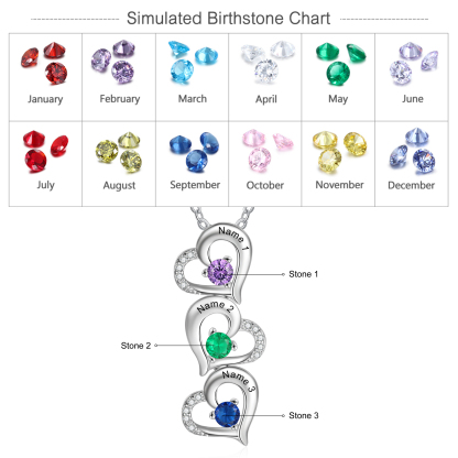 Personalised Heart Necklace With 3 Birthstones Engraved Names Gift For Her-Jessemade AU